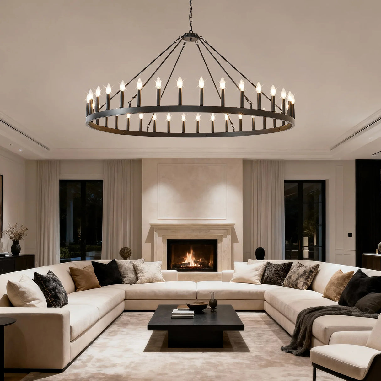 Matte Black Farmhouse 36-Light Wagon Wheel Chandelier - Omega Lifestyles