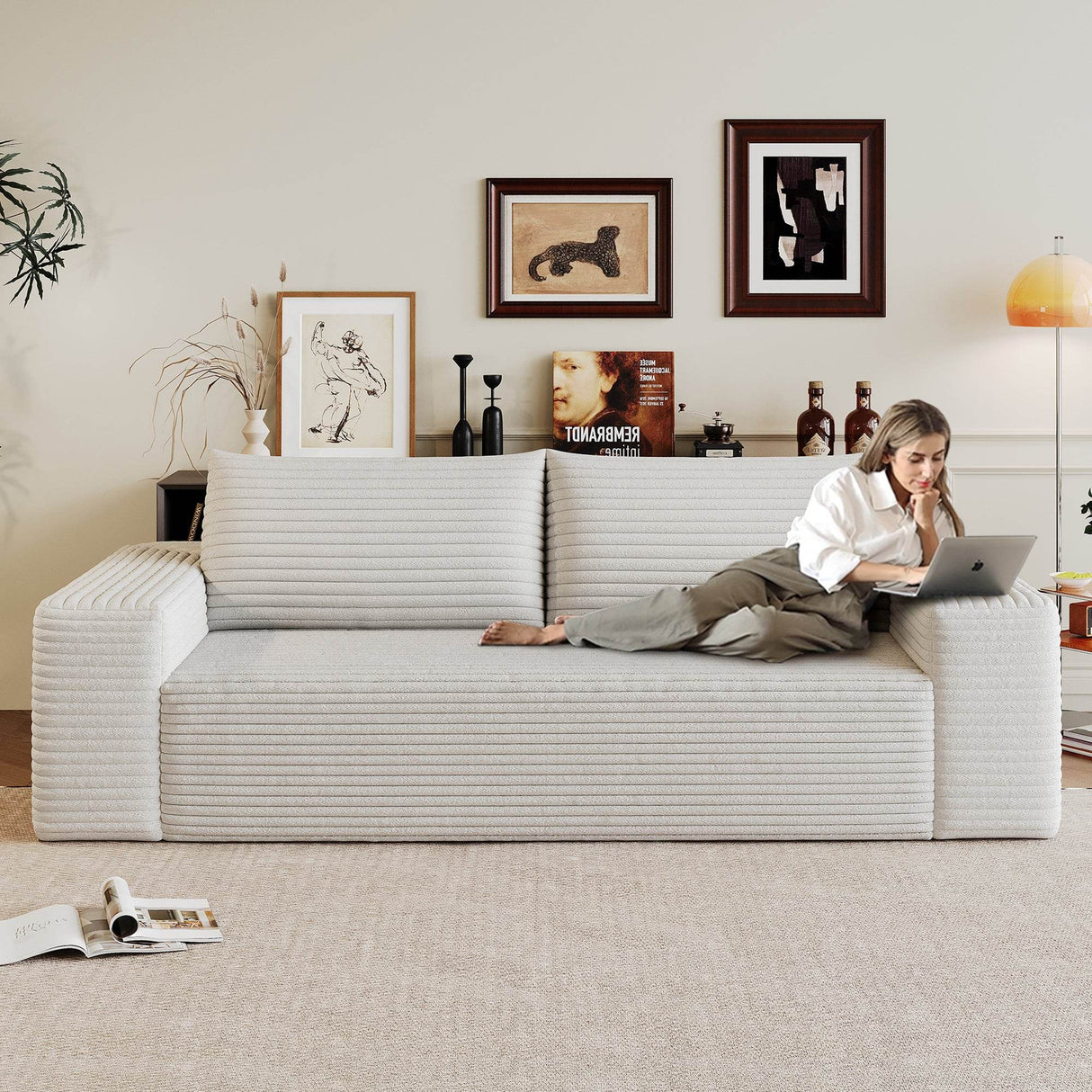 Modern White Fabric Foam High-Density Support Sofa