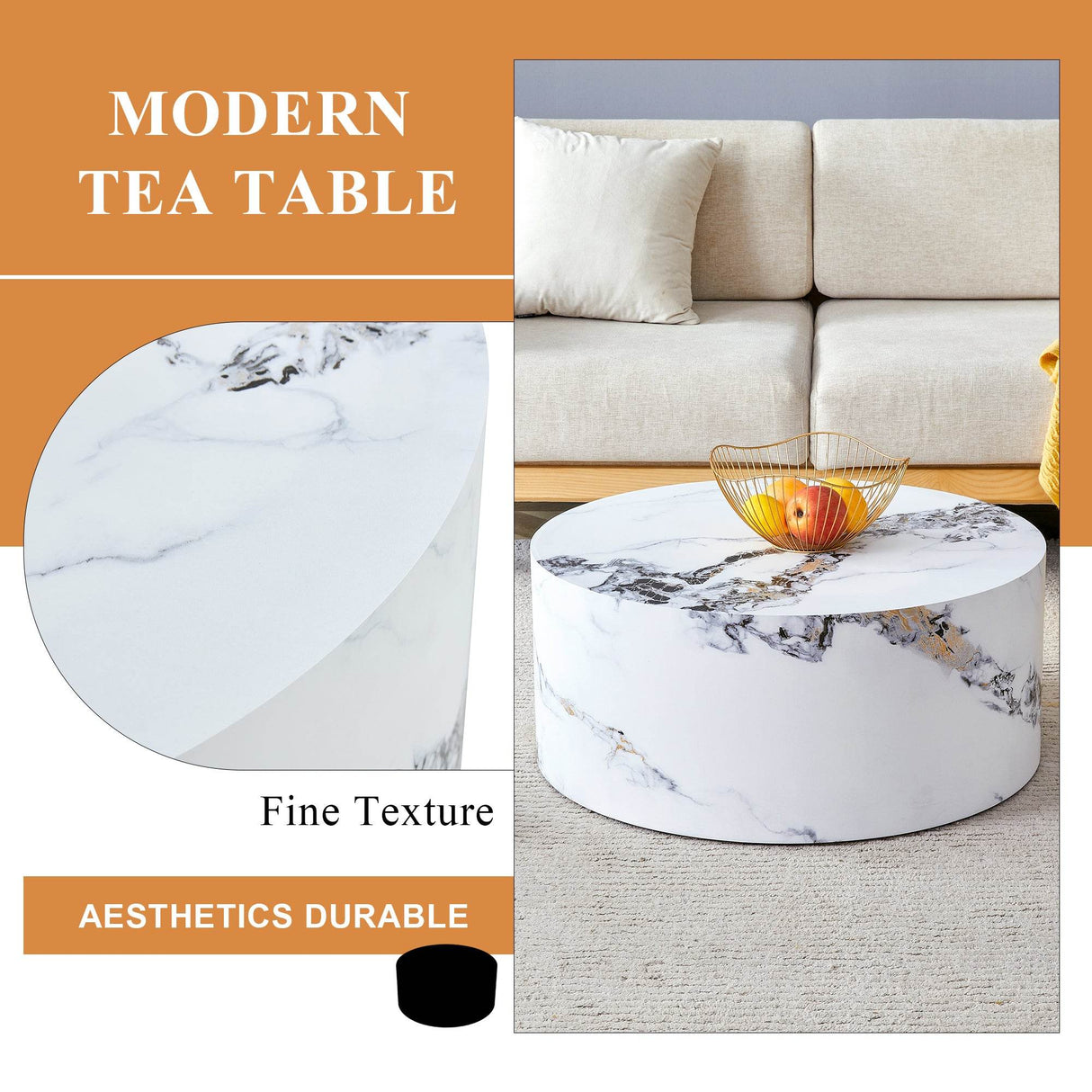 12-Inch White Patterned Cylindrical MDF Coffee Table - Omega Lifestyles