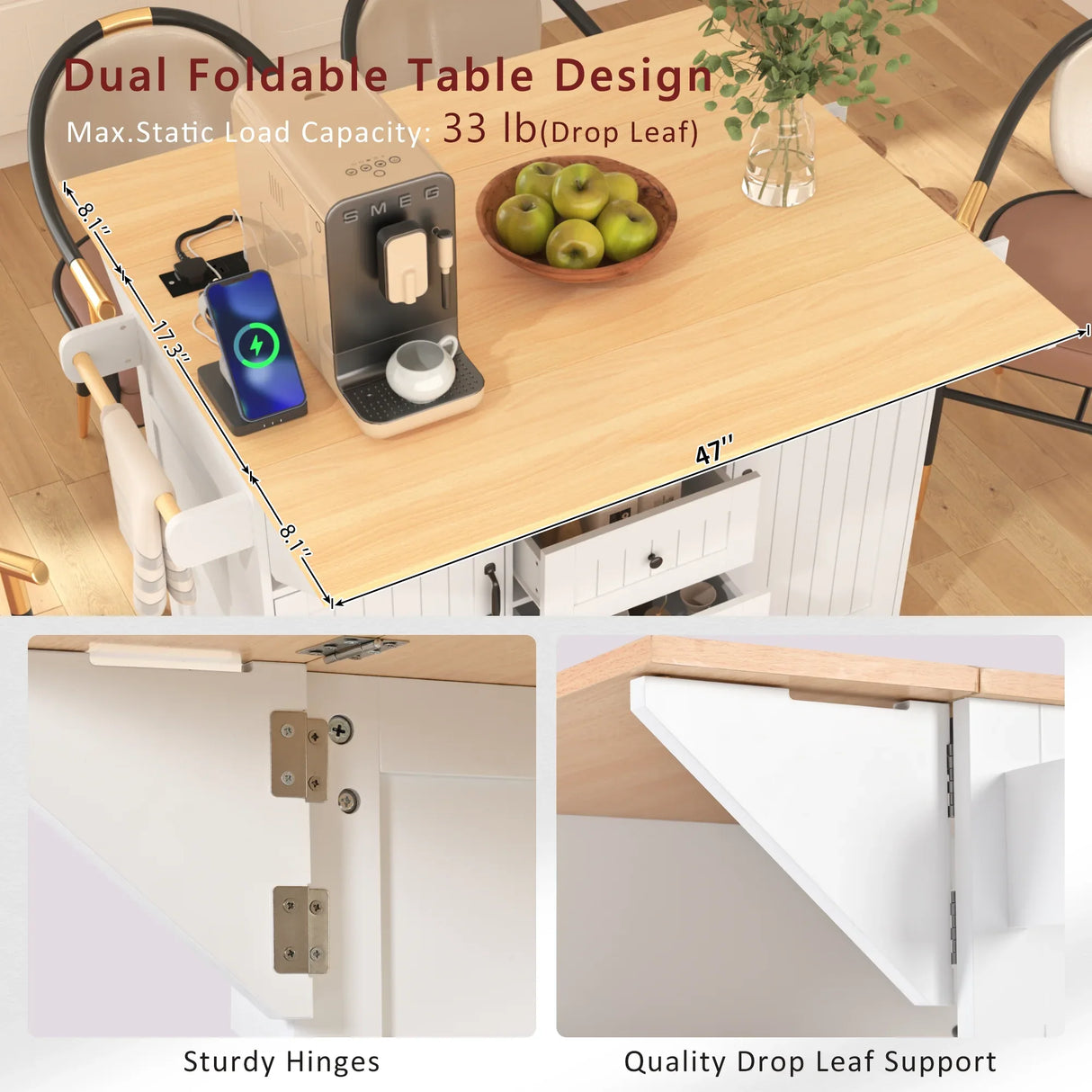 Folding Kitchen Island Cart With Power Outlet and Storage - Omega Lifestyles