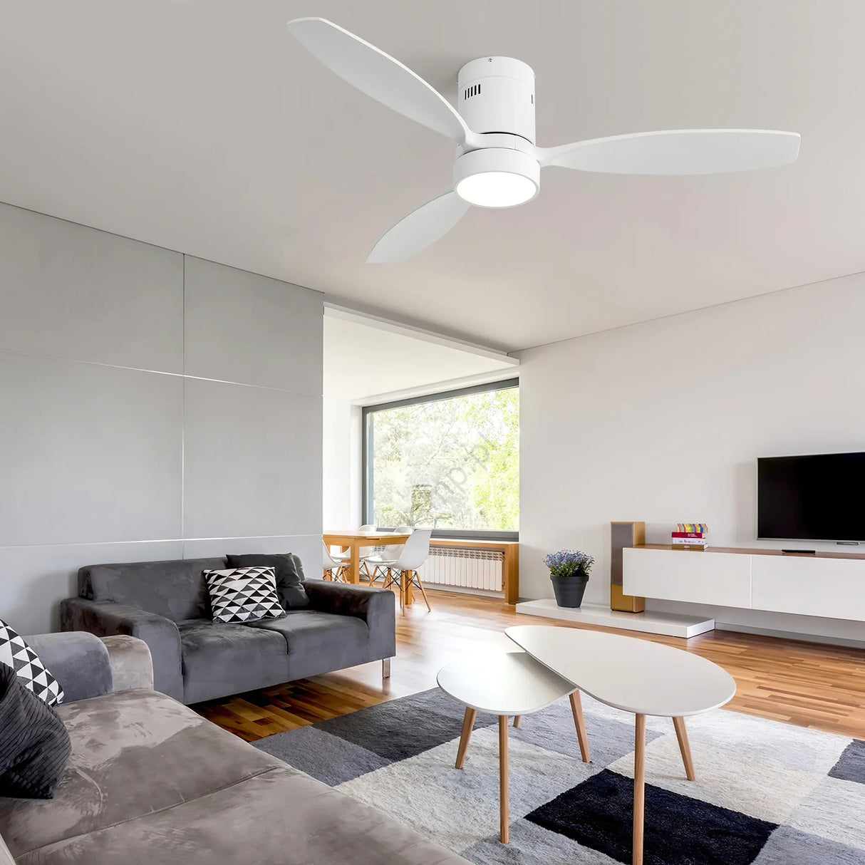 52-Inch Modern Wooden Flush Mount Ceiling Fan With Light - Omega Lifestyles