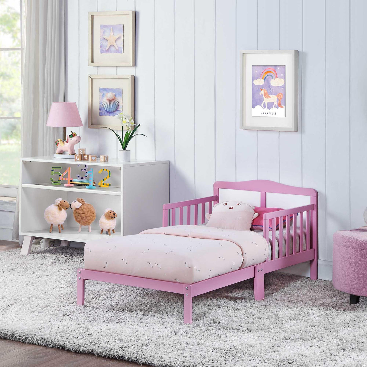 Solid Wood Pink Toddler Bed With Safety Rails - Omega Lifestyles
