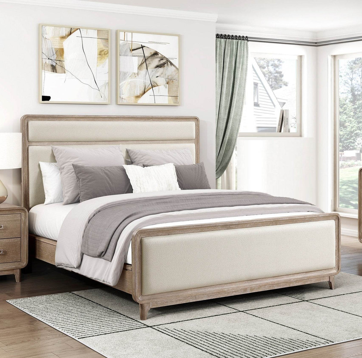 Modern Queen Upholstered Beige Chenille Wood Bed Frame