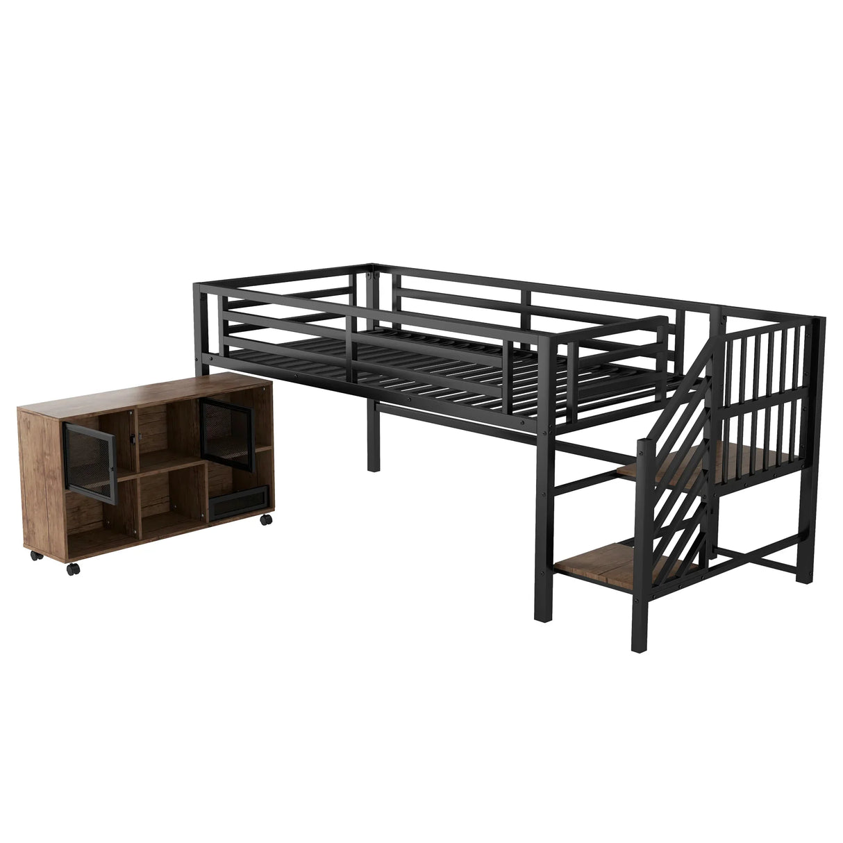 Twin Metal Low Loft Bed With Storage Cubby And Stairs - Omega Lifestyles