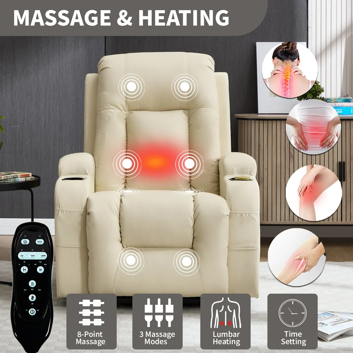 Beige PU Leather Power Lift Massage Recliner Chair - Omega Lifestyles