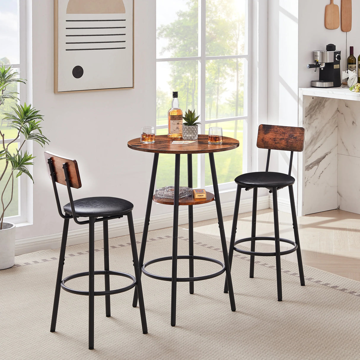 Rustic Brown Bar Table Set With Upholstered Stools - Omega Lifestyles