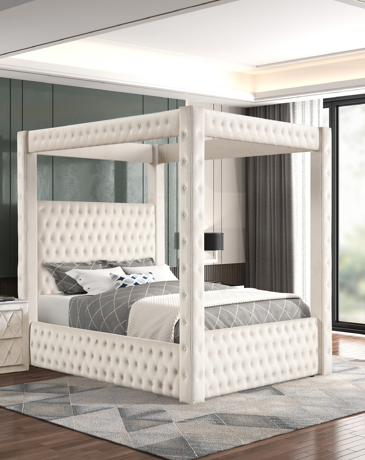 Queen Modern Four-Poster Upholstered Ivory Velvet Bed Frame