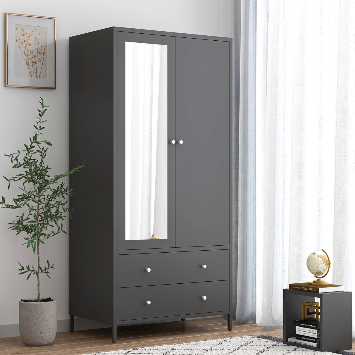 Retro Steel Armoire Wardrobe Closet With Mirror And Drawers - Omega Lifestyles