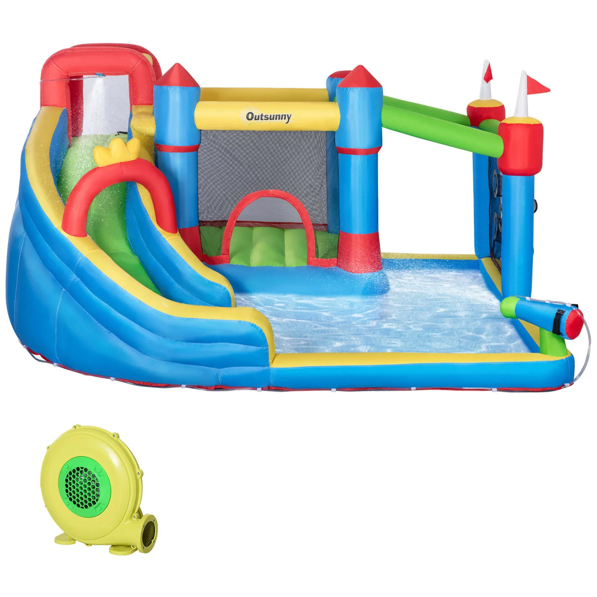Inflatable Bounce House With Slide Climbing Wall Water Cannon - Omega Lifestyles