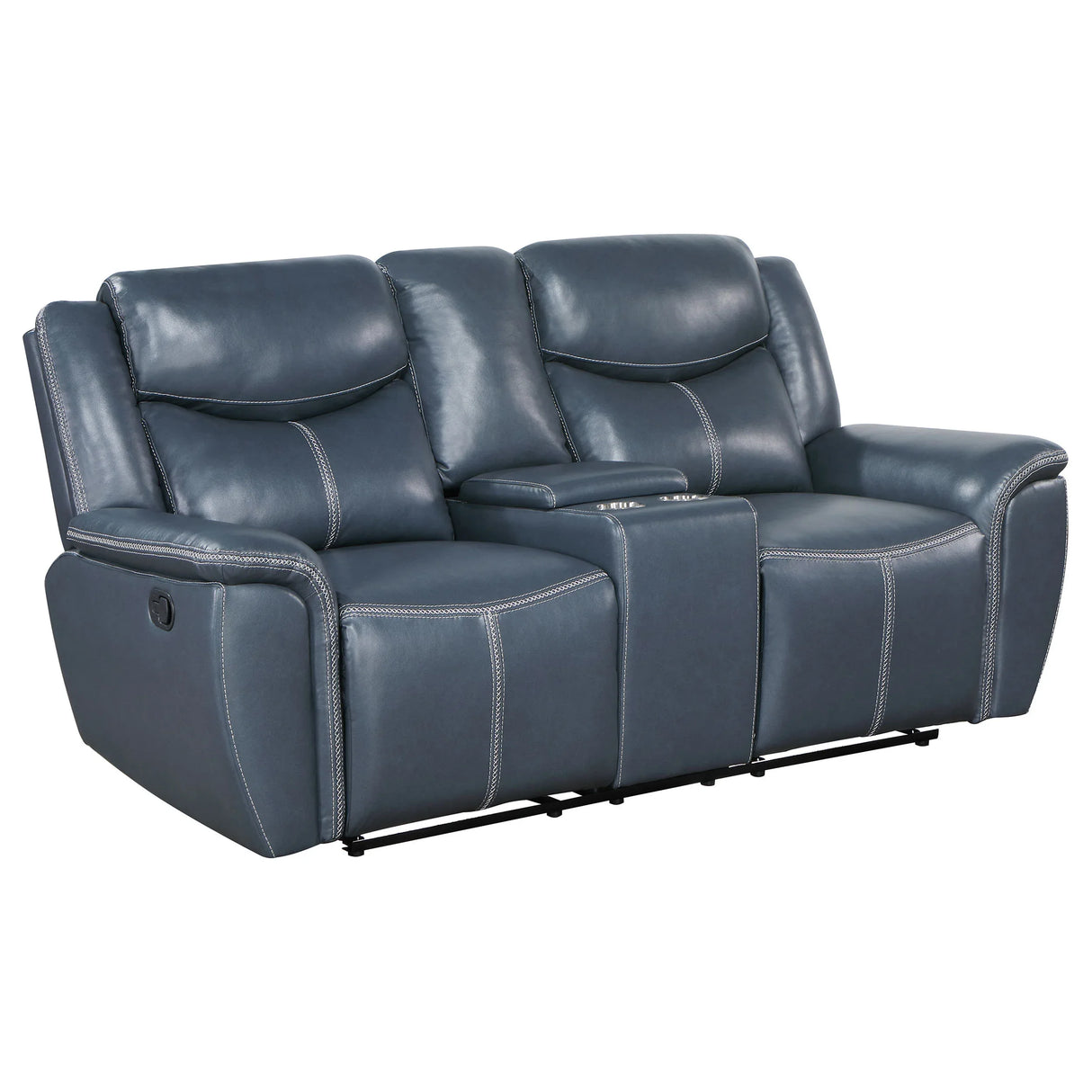 Blue Upholstered Motion Reclining Loveseat With Console - Omega Lifestyles