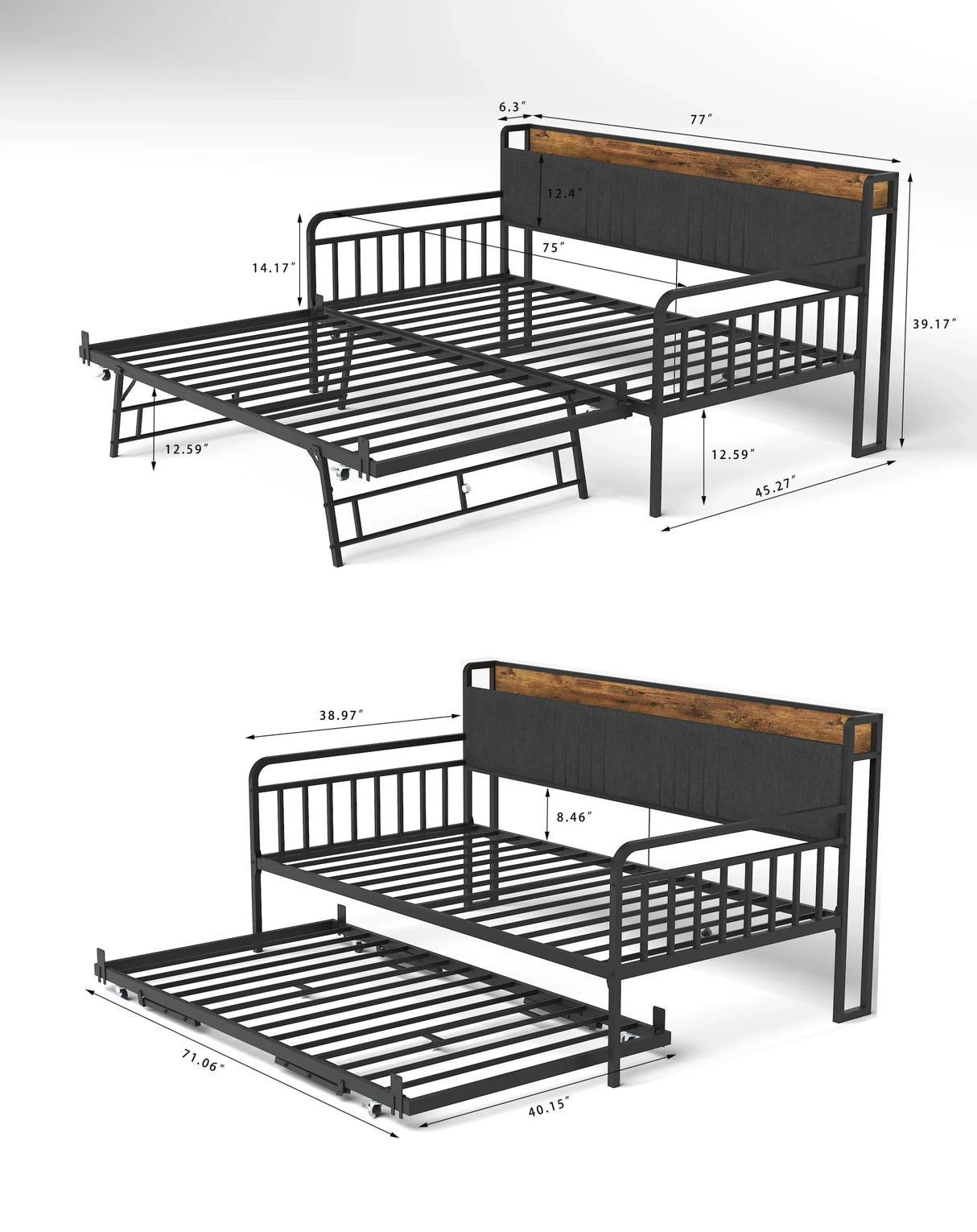 Twin Metal Frame Daybed With Trundle Upholstered Headboard Charging - Omega Lifestyles