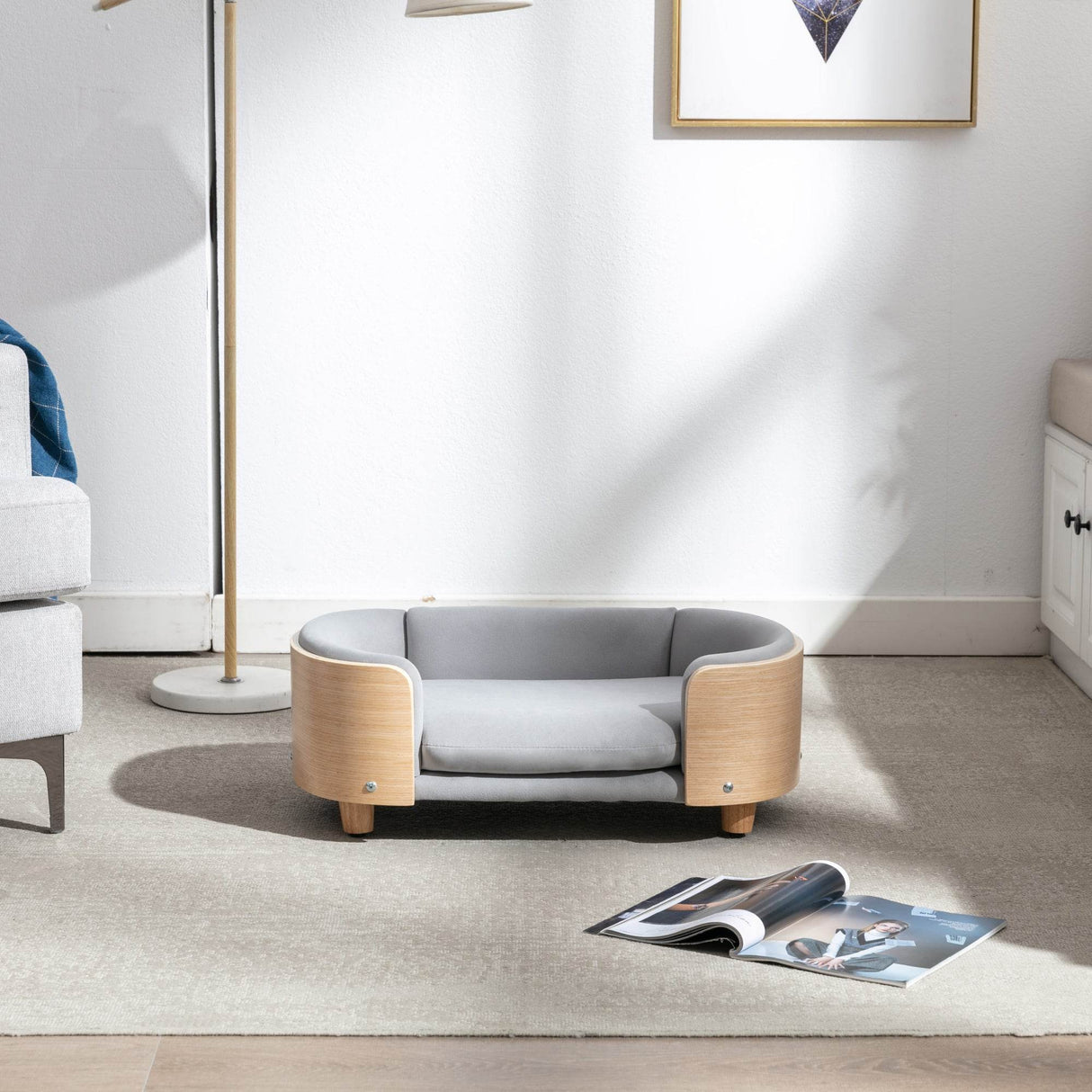 Scandinavian Style Solid Wood Elevated Pet Bed With Velvet Cushion - Sleep Galleria