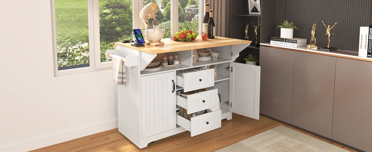 Folding Kitchen Island Cart With Power Outlet and Storage - Omega Lifestyles