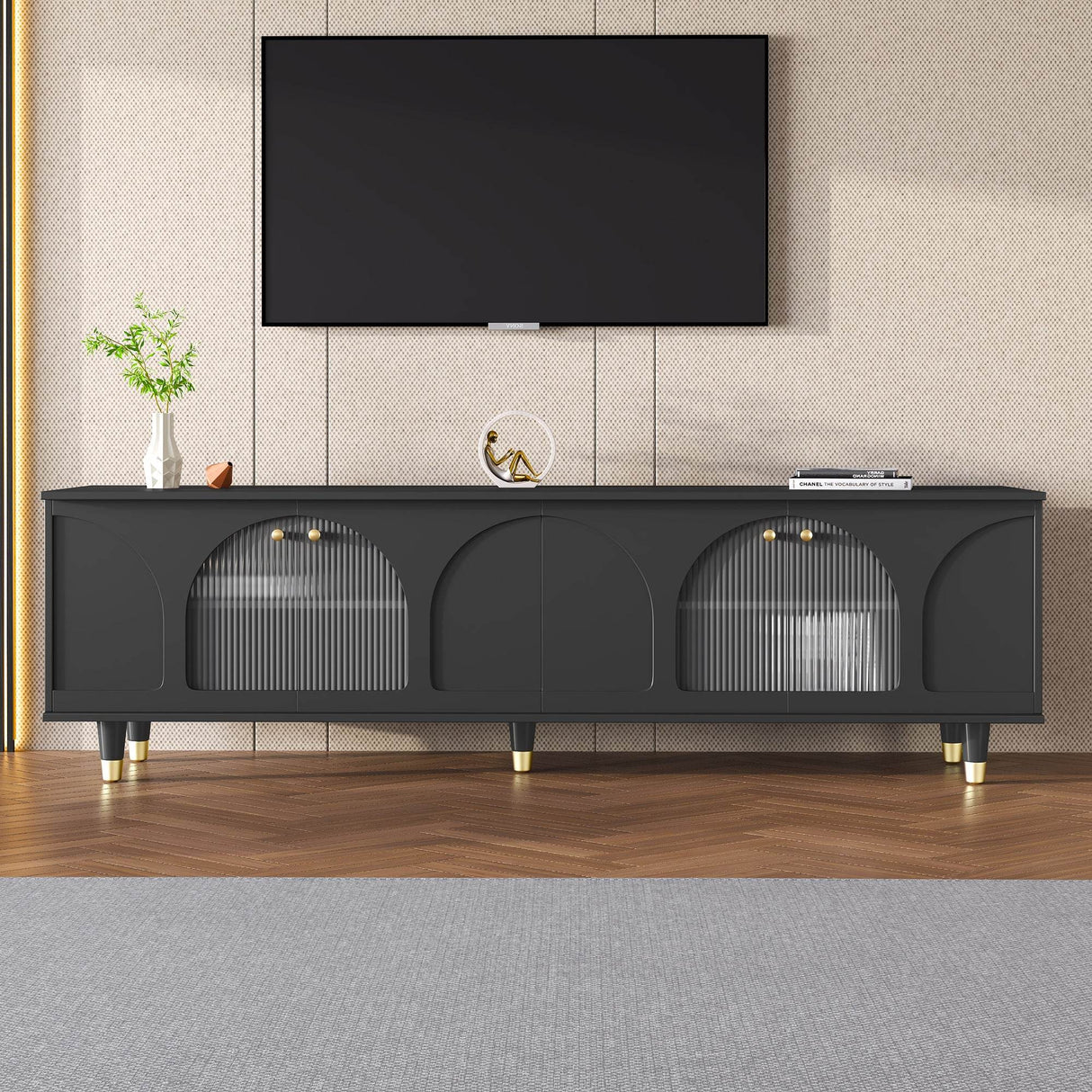 Contemporary Black TV Stand With Fluted Glass Doors - Sleep Galleria