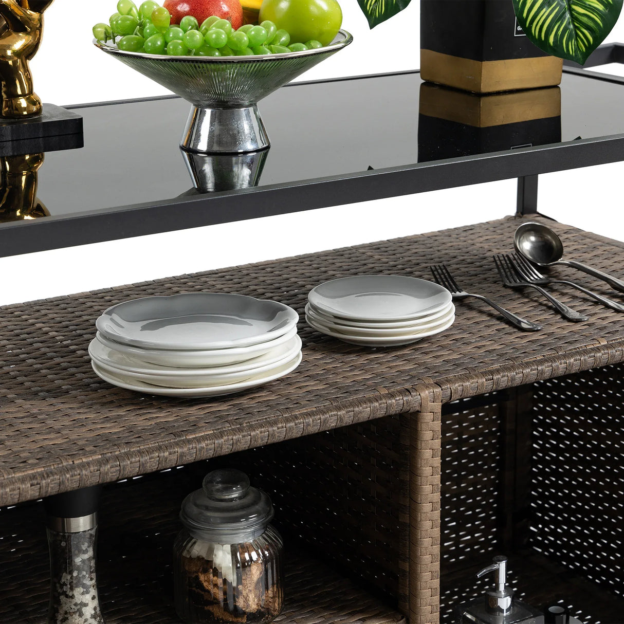 Outdoor Wicker Bar Cart With Glass Top And Wheels - Omega Lifestyles