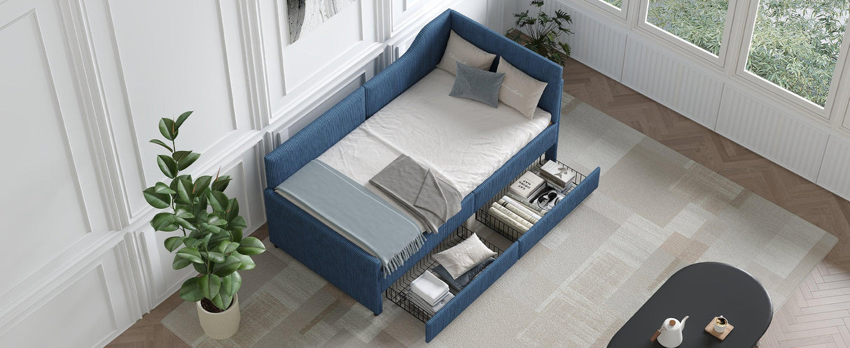 Twin L-Shaped Upholstered Corduroy Daybed With Drawers - Omega Lifestyles