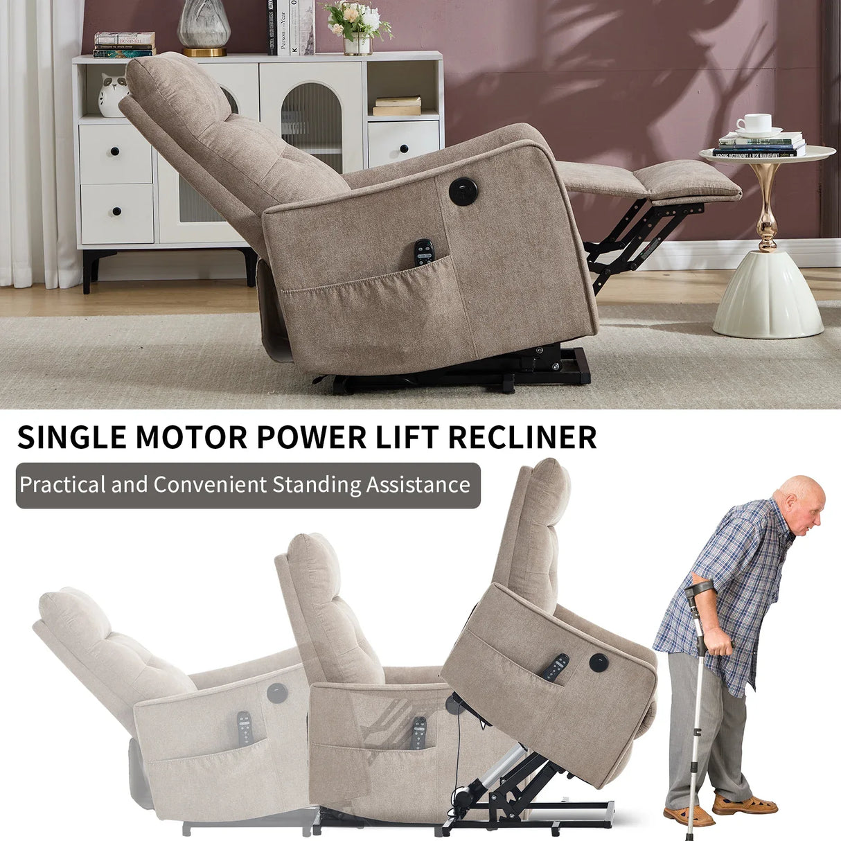 Khaki Chenille Medium-Firm Power Lift Massage Recliner Chair - Omega Lifestyles