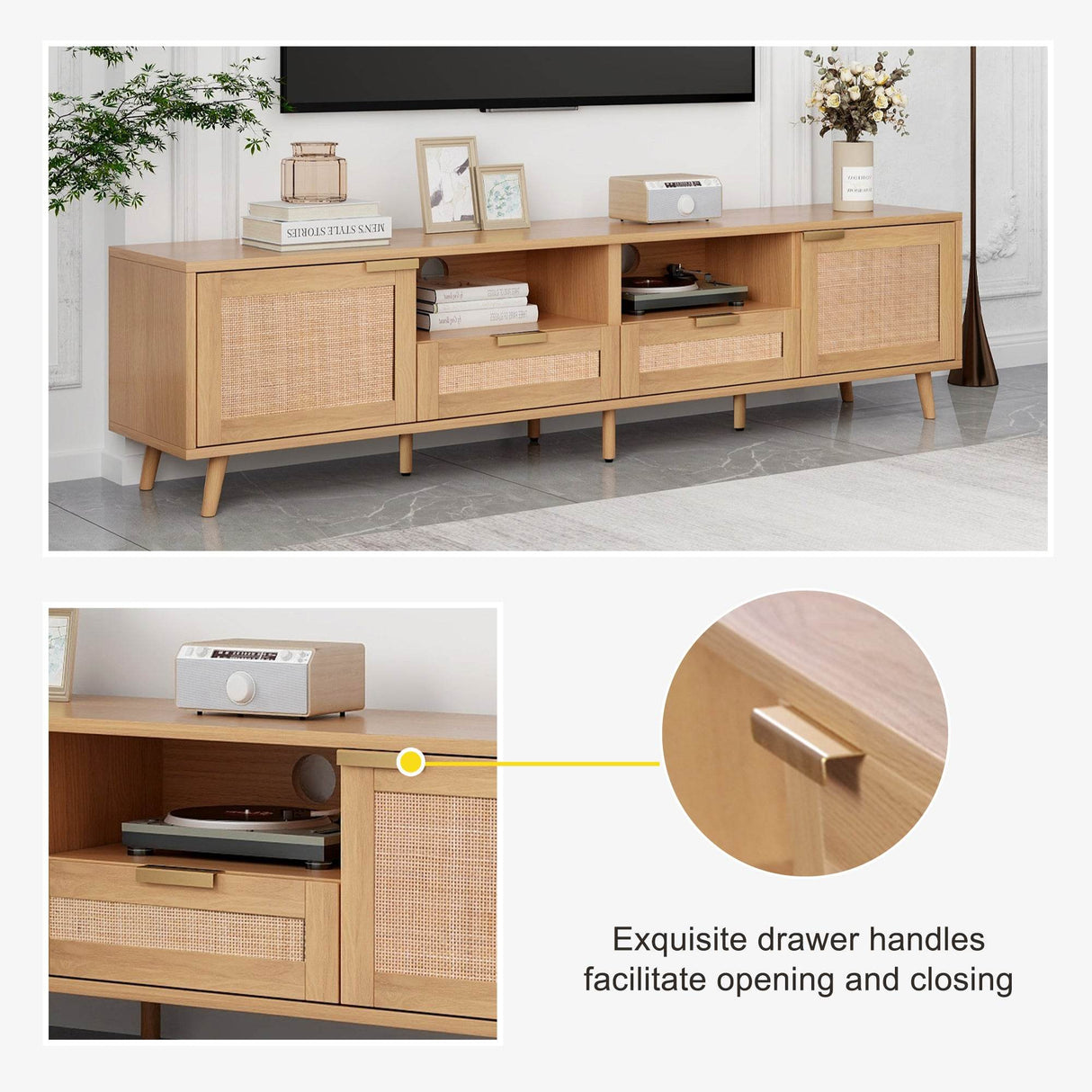 Modern Rattan TV Stand With Storage Cabinets - Sleep Galleria