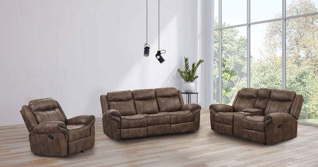 Transitional Brown Leatherette Glider Recliner With Pillow Arms - Omega Lifestyles