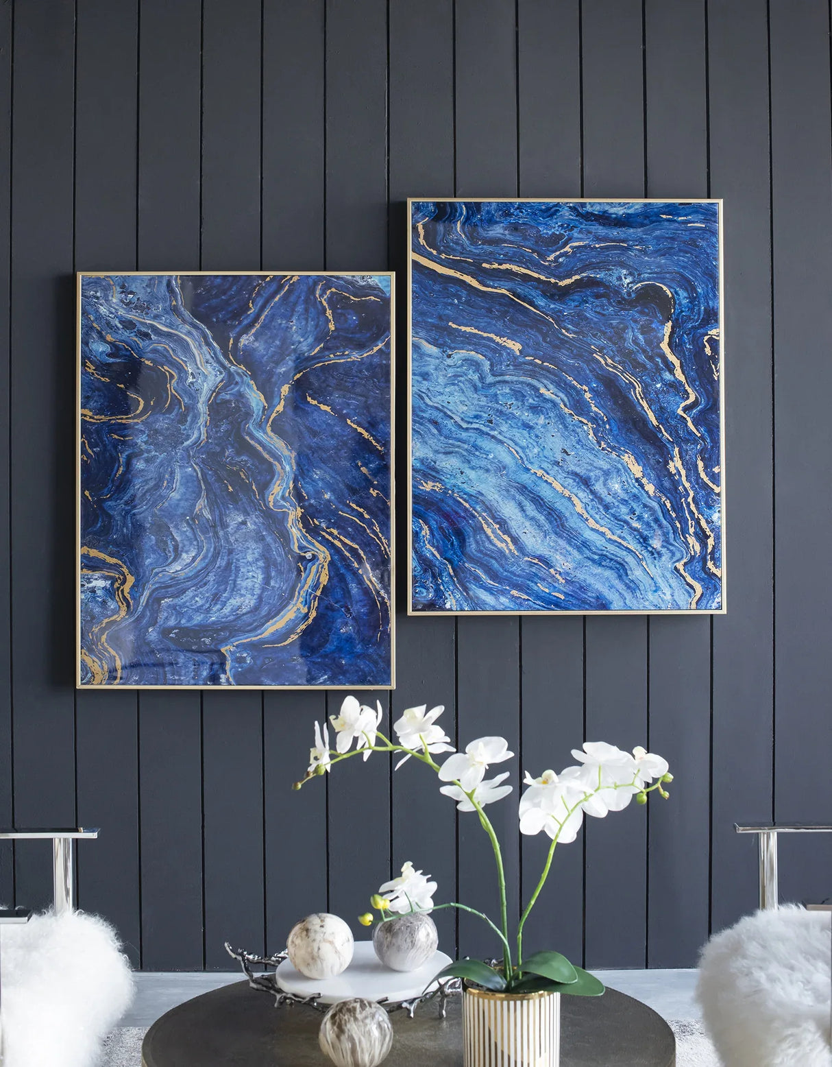 Set Of 2 Blue And Gold Framed Art Panels - Omega Lifestyles