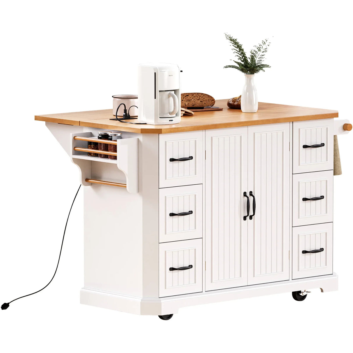 Rustic White Rubber Wood Rolling Kitchen Island Cart - Omega Lifestyles
