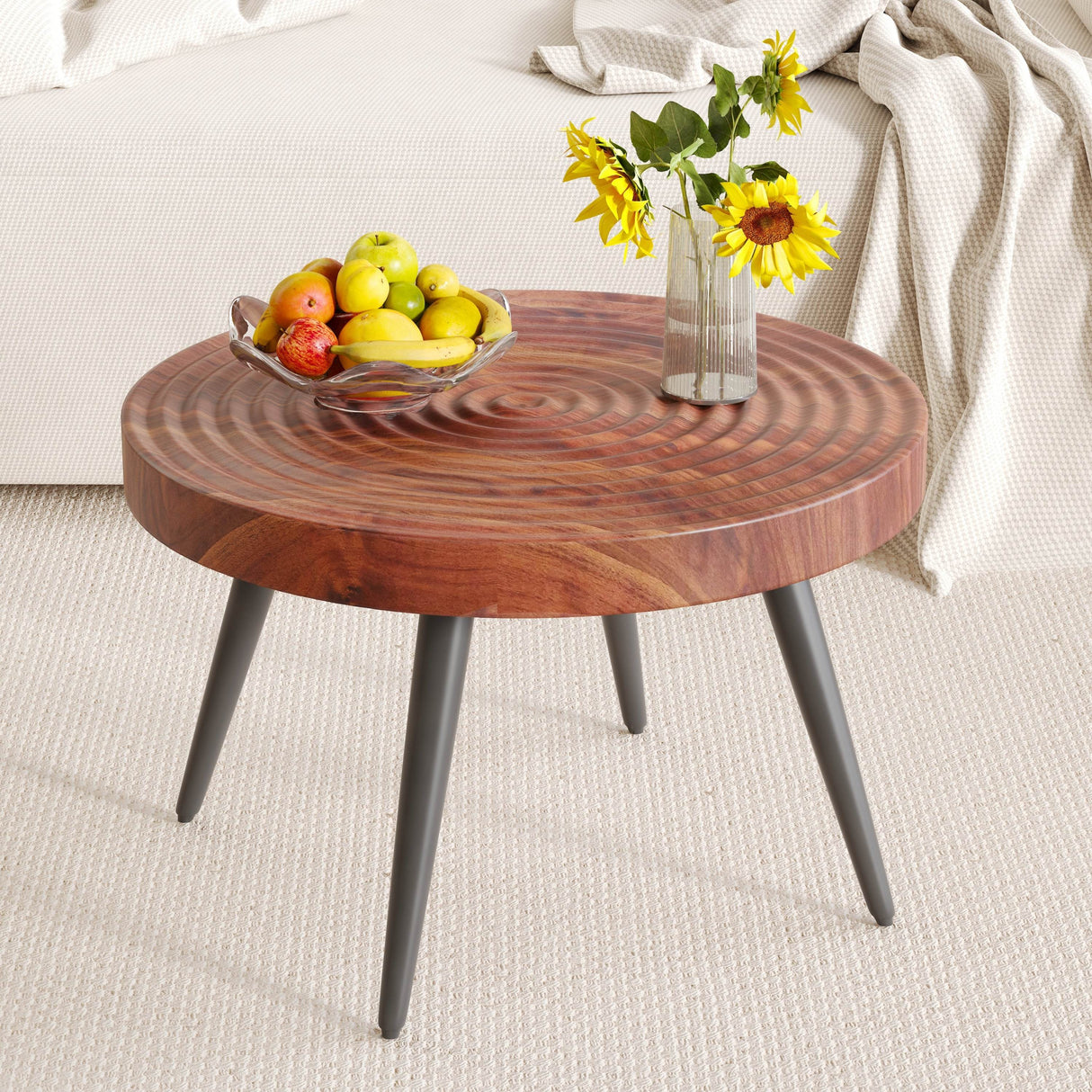 Modern Round MDF And Metal Walnut Coffee Table - Sleep Galleria