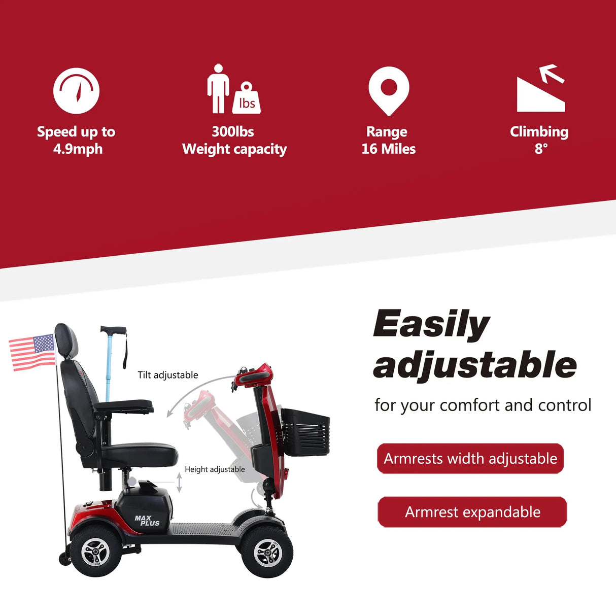 Red Outdoor Compact Metal Mobility Scooter With USB Charger - Omega Lifestyles