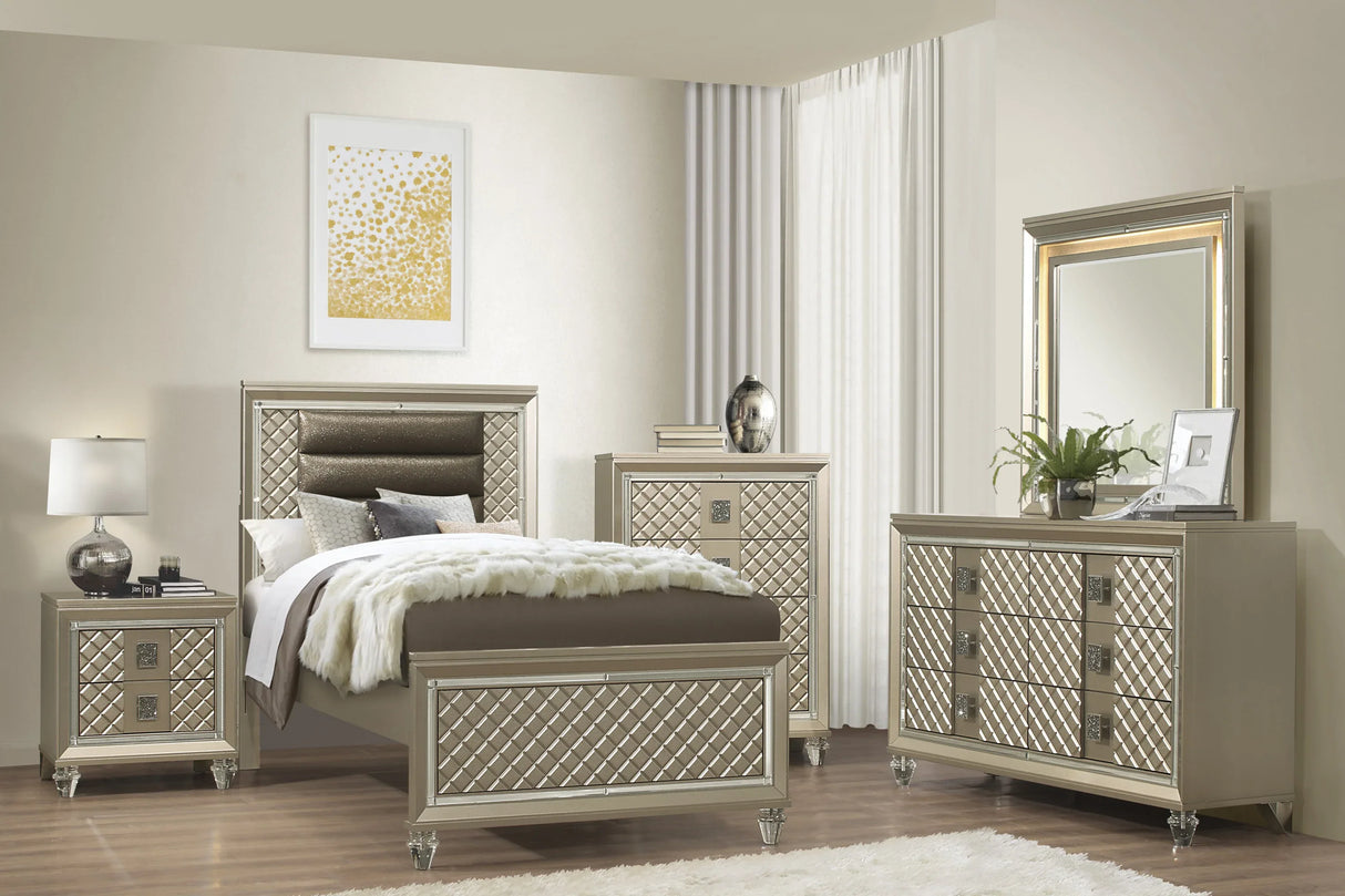 Champagne Finish Wood Chest Of 4 Drawers Bedroom Furniture - Omega Lifestyles