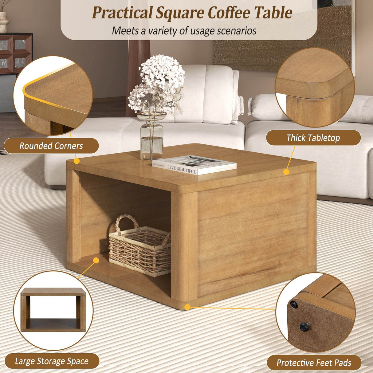 Natural Farmhouse Square Coffee Table With Storage - Sleep Galleria