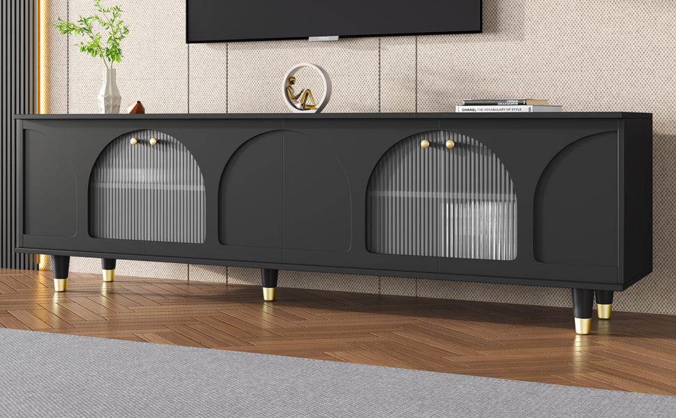 Contemporary Black TV Stand With Fluted Glass Doors - Sleep Galleria