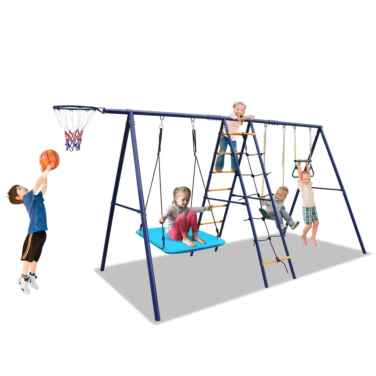 6-in-1 Backyard Steel Frame Swing Set With Ladder - Omega Lifestyles