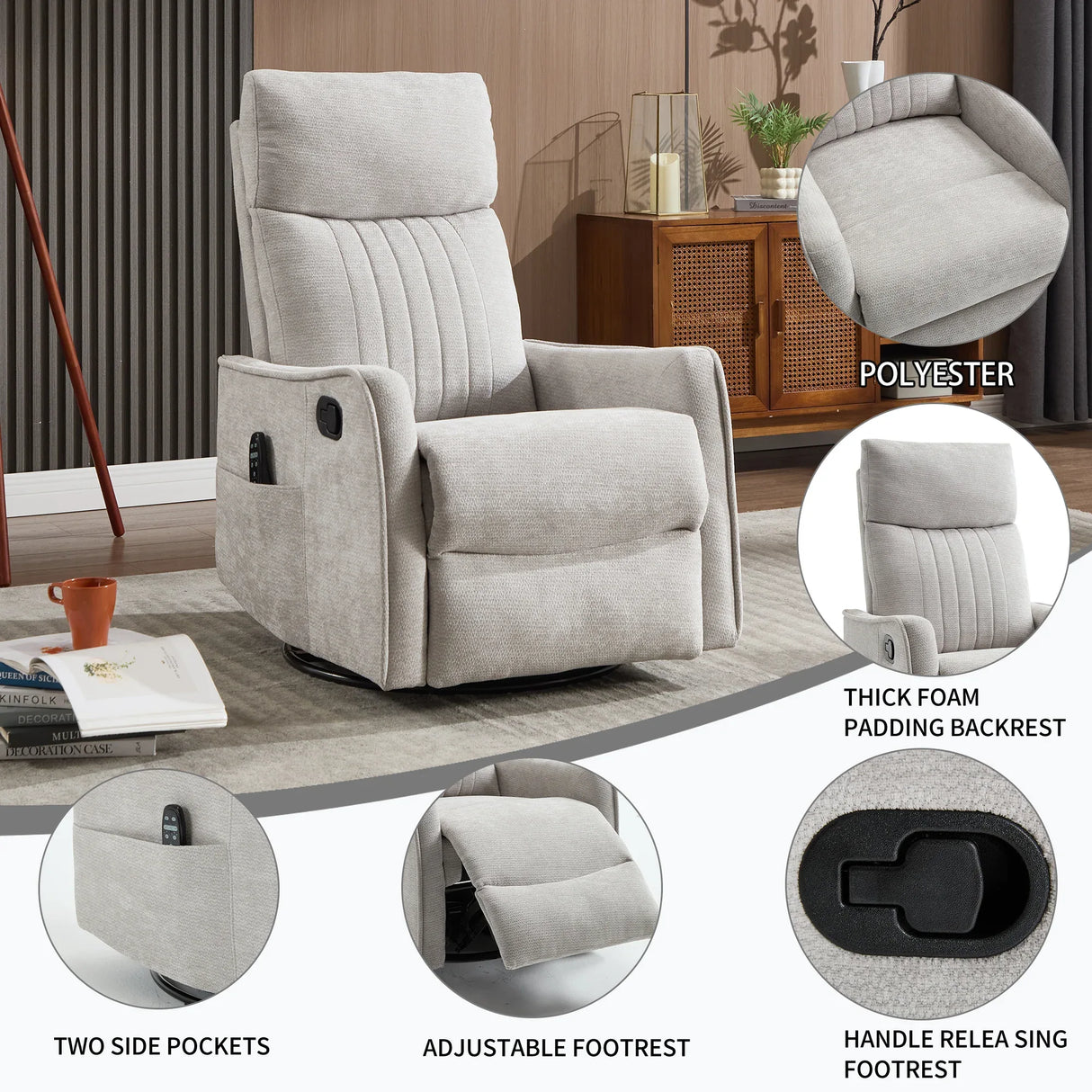 Light Gray Medium-Firm Manual Heat Massage Recliner Chair - Omega Lifestyles