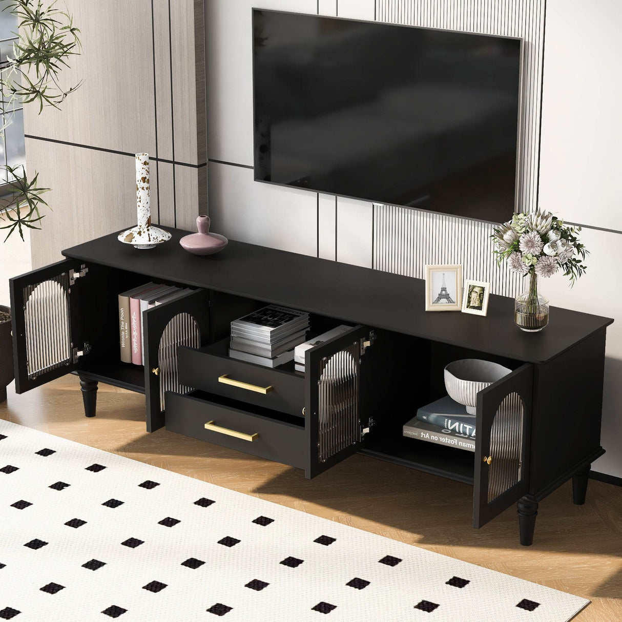 Retro Black MDF TV Stand With Drawers And Cabinets - Sleep Galleria