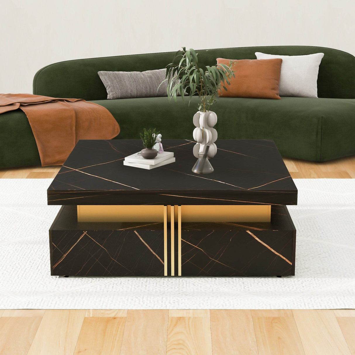 Modern Black Gold Accented Square Coffee Table With Storage - Sleep Galleria