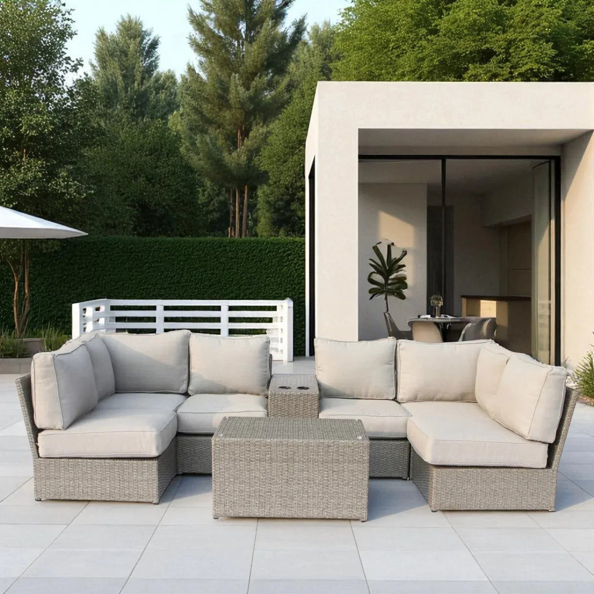 Outdoor 8-Piece Gray Wicker Aluminum Seating Set With Cushions - Omega Lifestyles