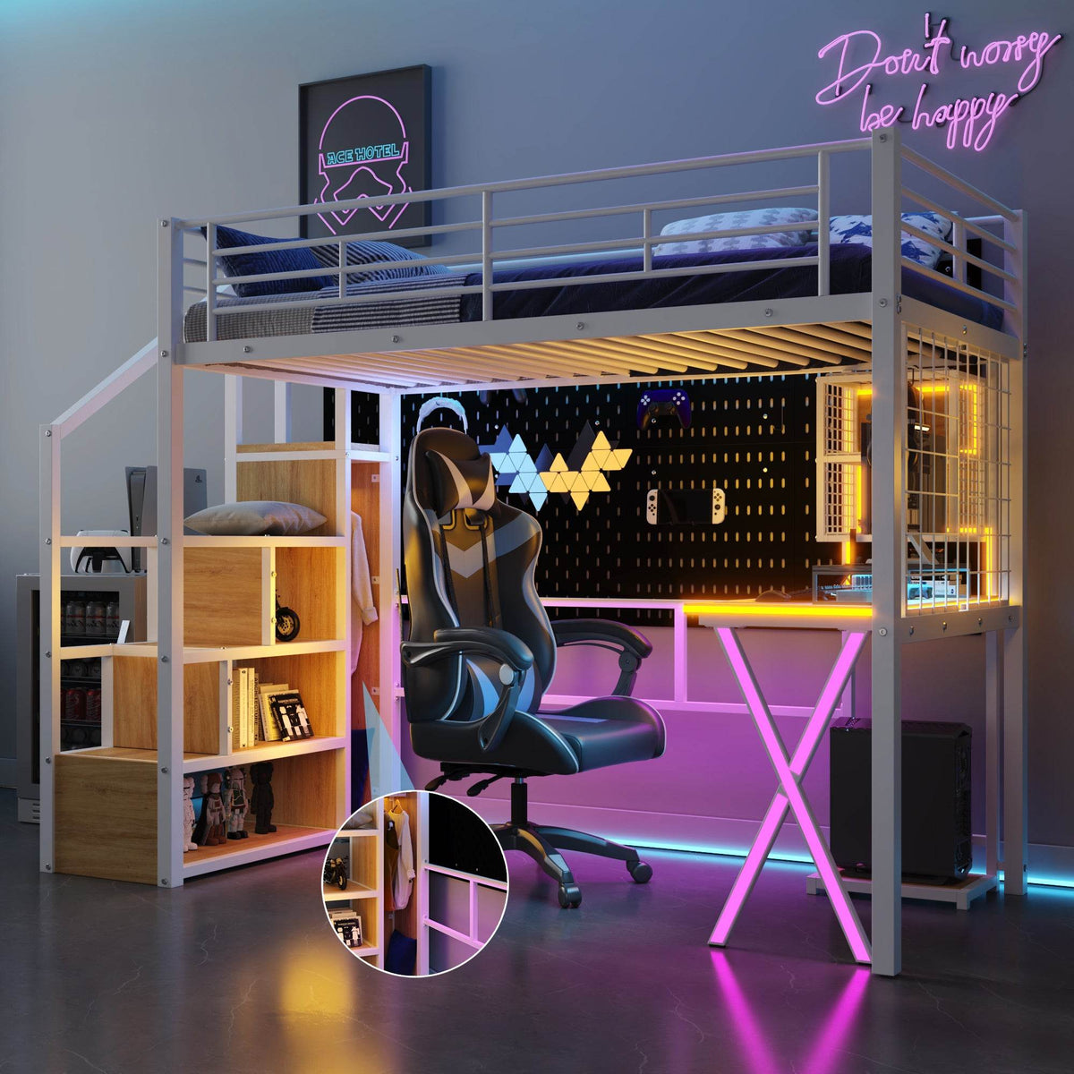 Twin Metal Loft Bed With Workstation Wardrobe and LED