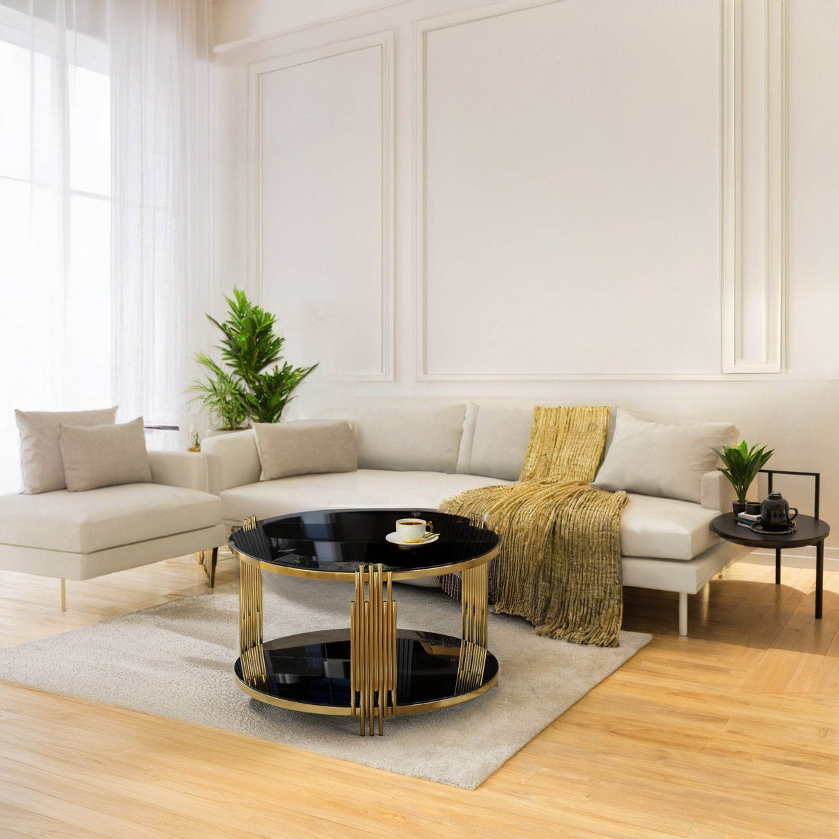 Modern Black Mirror Round Coffee Table With Shelf - Sleep Galleria