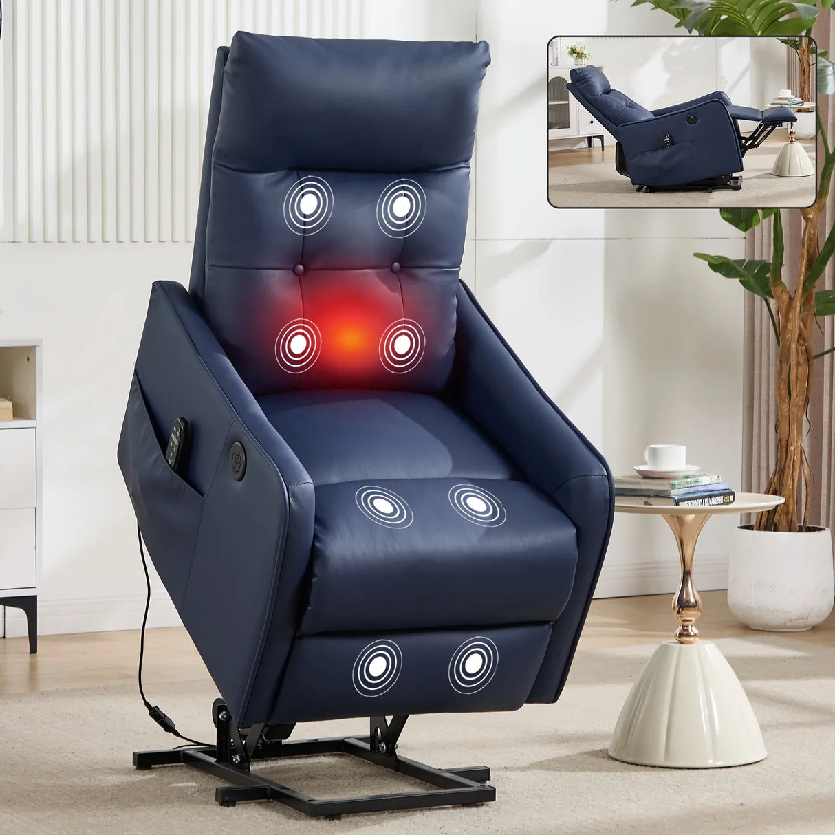 Medium-Firm Blue Faux Leather Power Lift Massage Recliner Chair - Omega Lifestyles