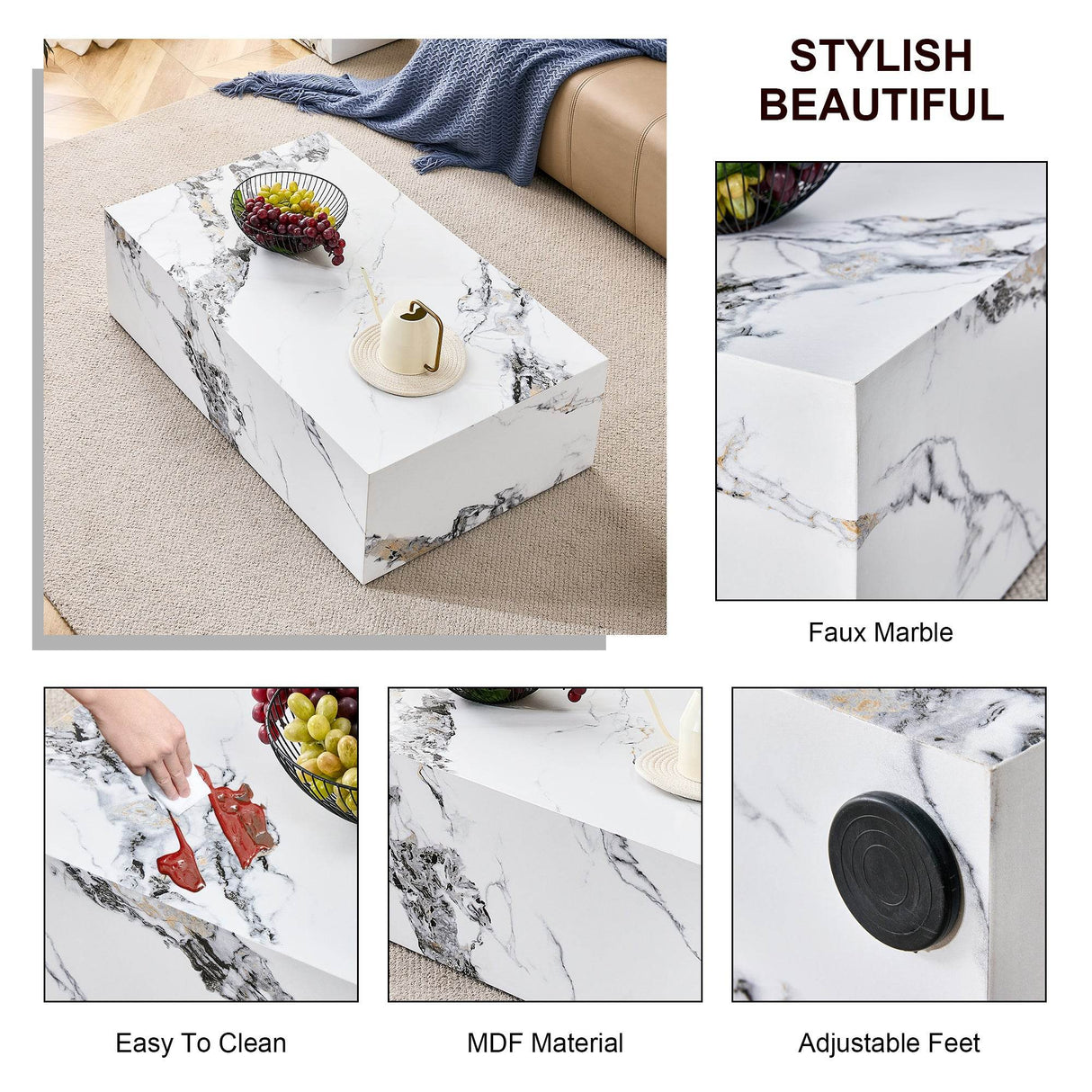 MDF Marble Pattern Modern White Coffee Table - Sleep Galleria