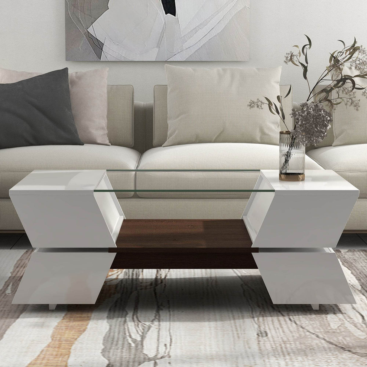 Modernist 2-Tier White Glass Top Coffee Table - Sleep Galleria