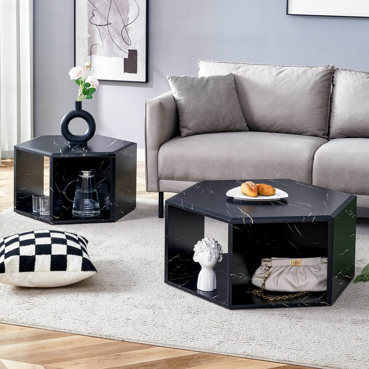 Set Of 2 Modern Minimalist Black Hexagonal Coffee Tables - Sleep Galleria