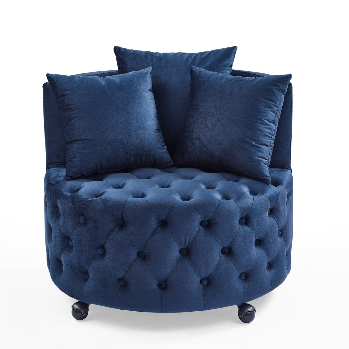 Velvet Upholstered Blue Swivel Chair With Pillows - Omega Lifestyles