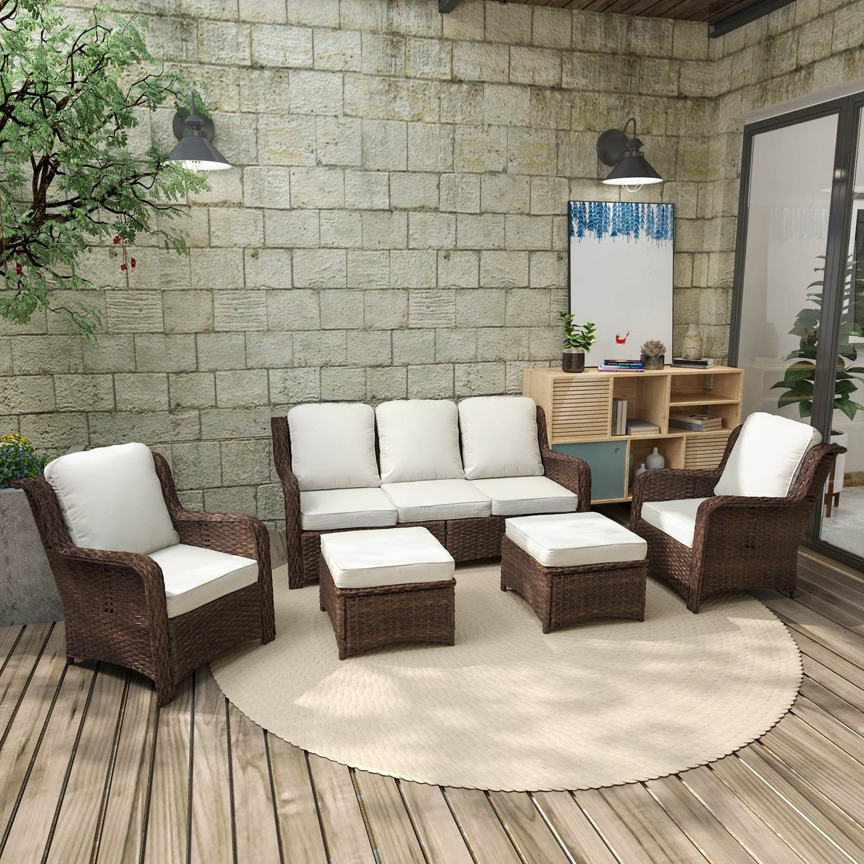 Outdoor Patio Furniture Set Rattan 3-Seat Couch Chairs Ottoman
