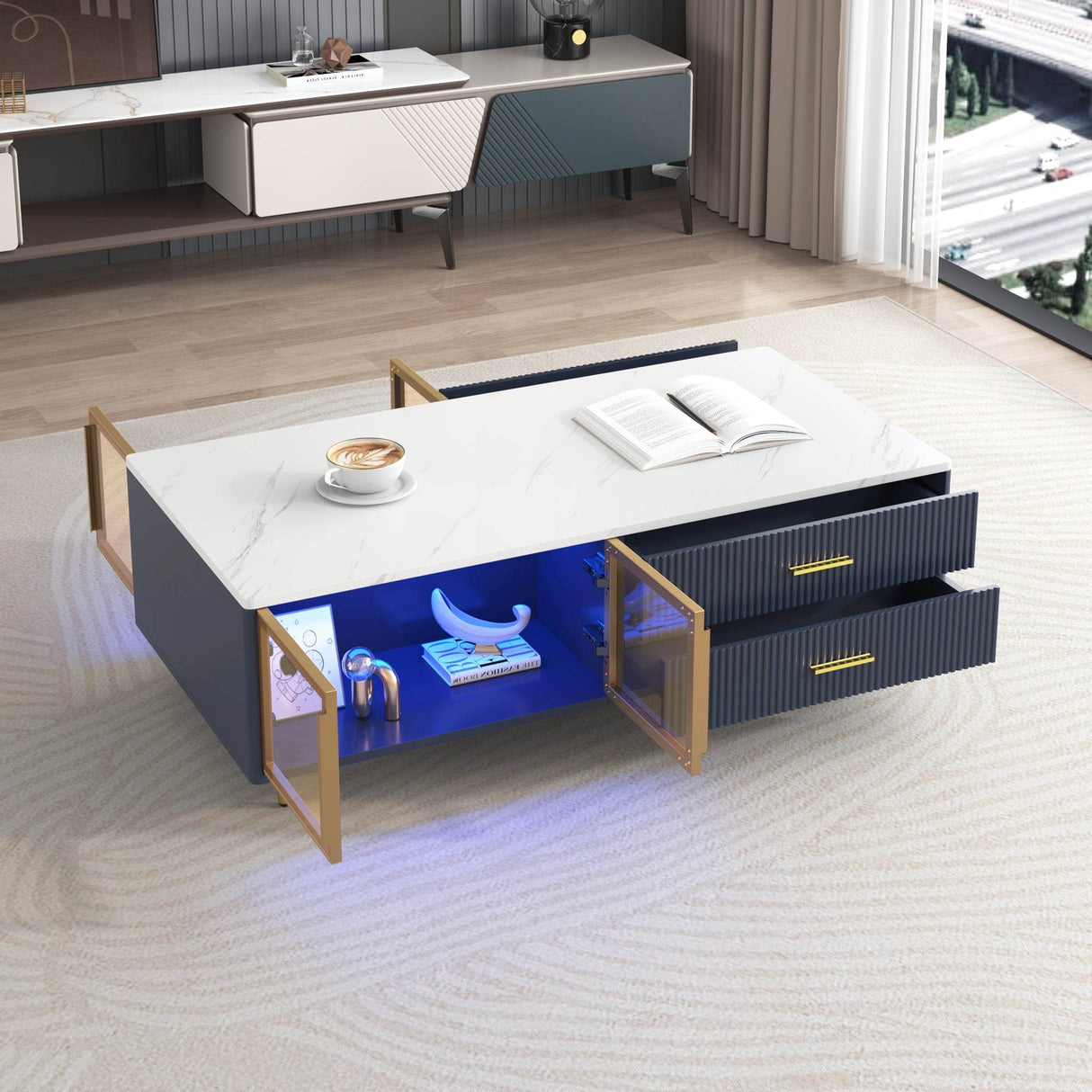 Modern Navy Blue MDF Coffee Table With Drawers Lighting - Sleep Galleria