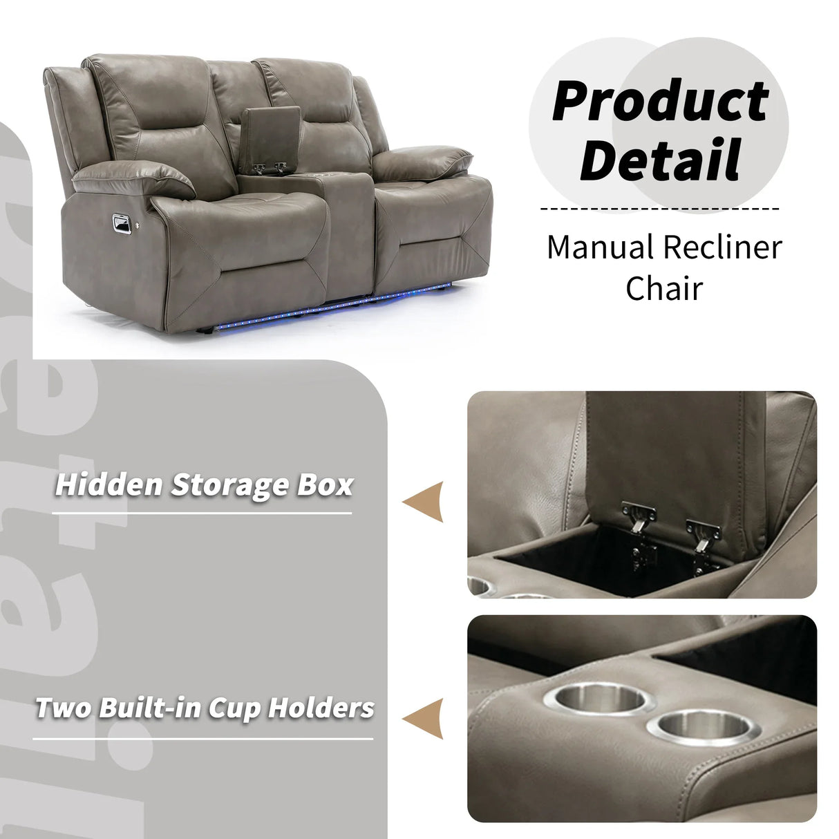 Grey Leather Gel Manual Recliner Chair With LED Lights - Omega Lifestyles