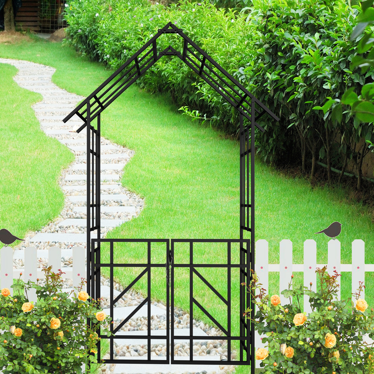 Black Iron Garden Arch With Gate Climbing Plants Trellis