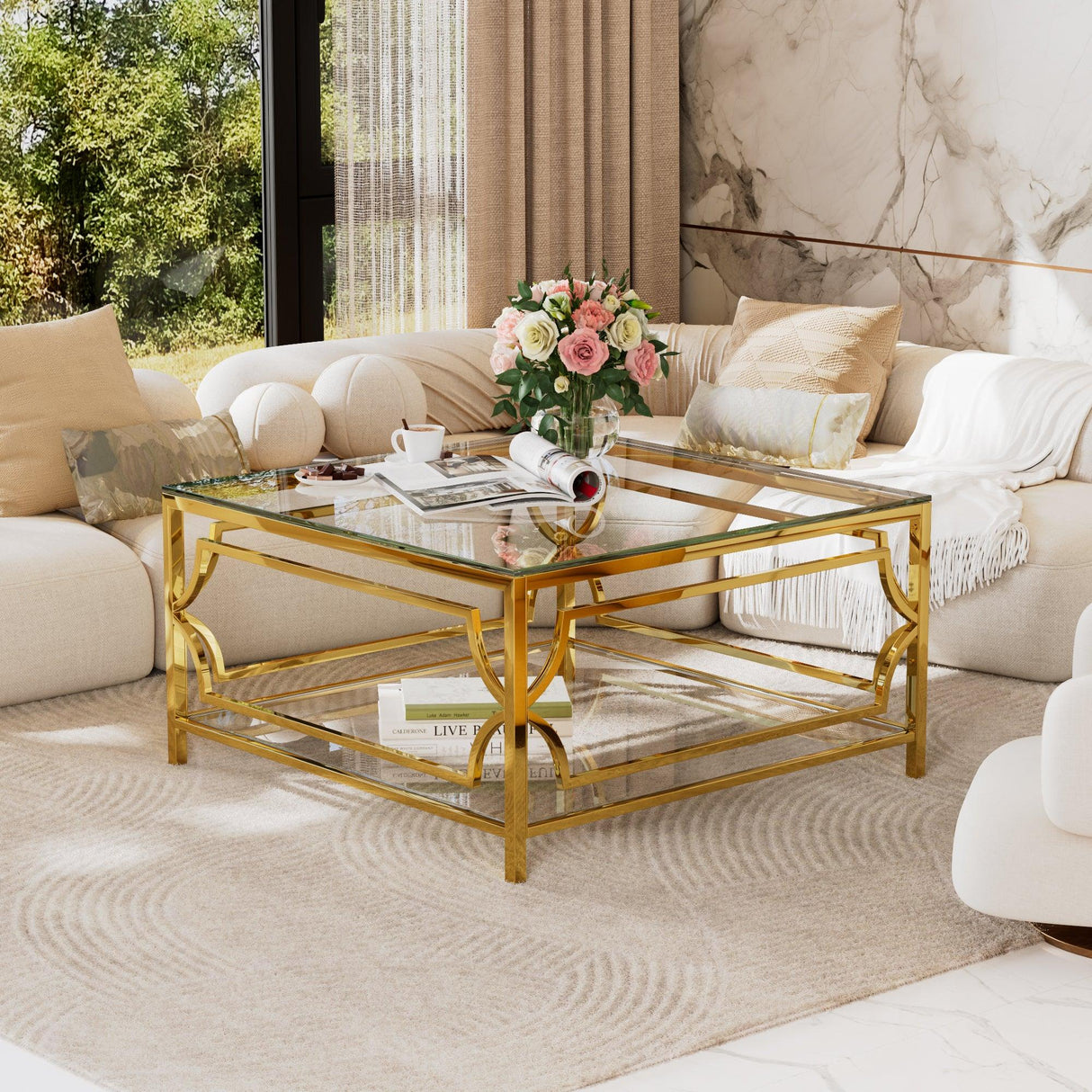 Modern Square Glass Coffee Table With Gold Metal Frame - Omega Lifestyles