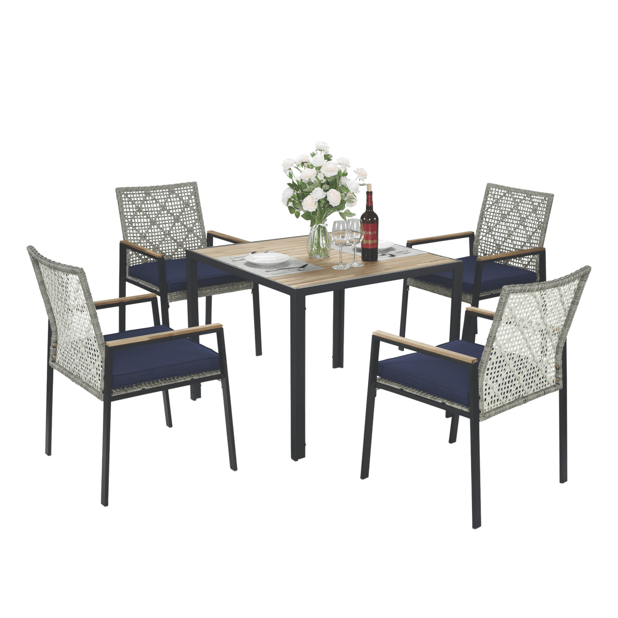 5-Piece All Weather Acacia Wood Rattan Patio Dining Set