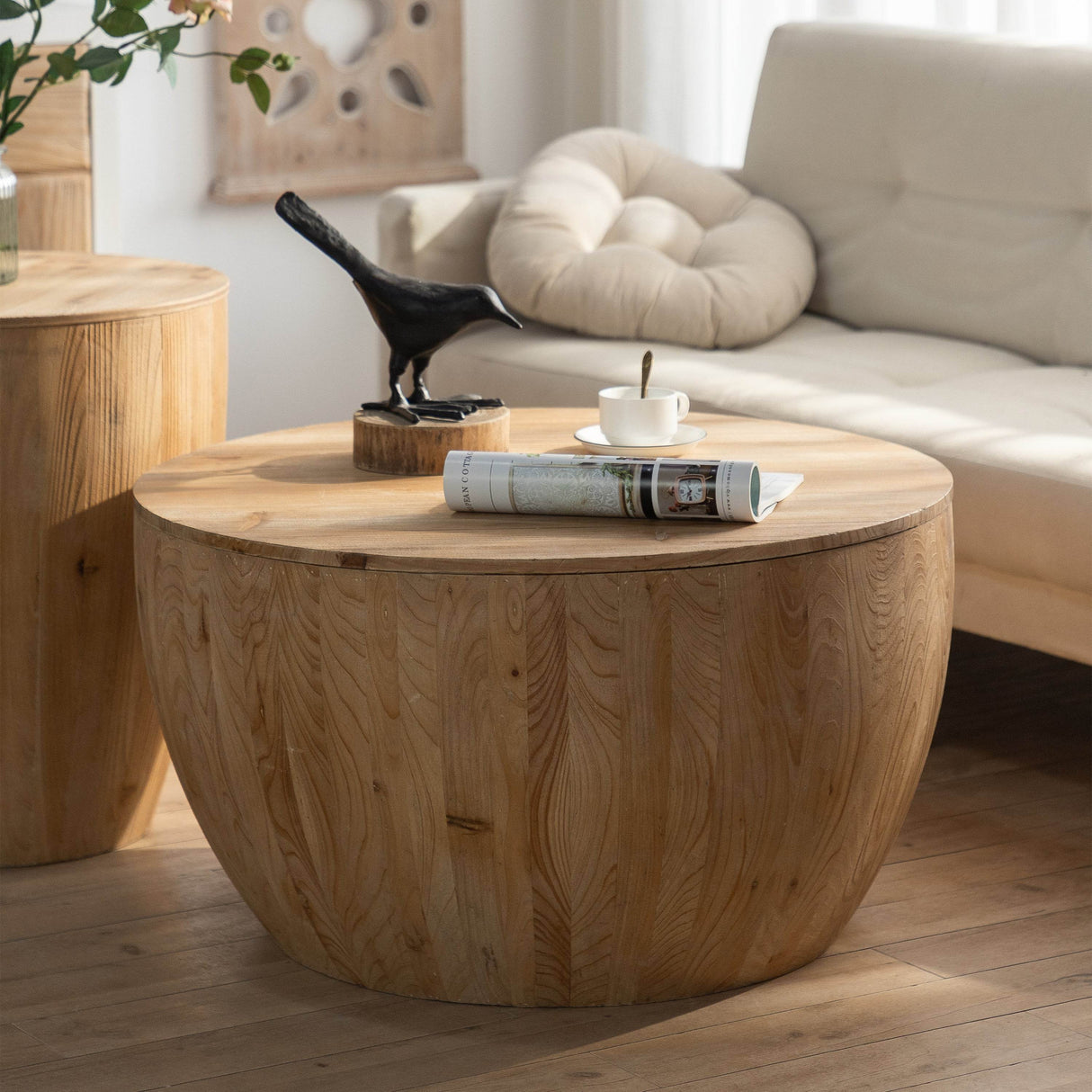 2-Piece Vintage Fir Wood Bucket Shaped Coffee Table Set - Sleep Galleria