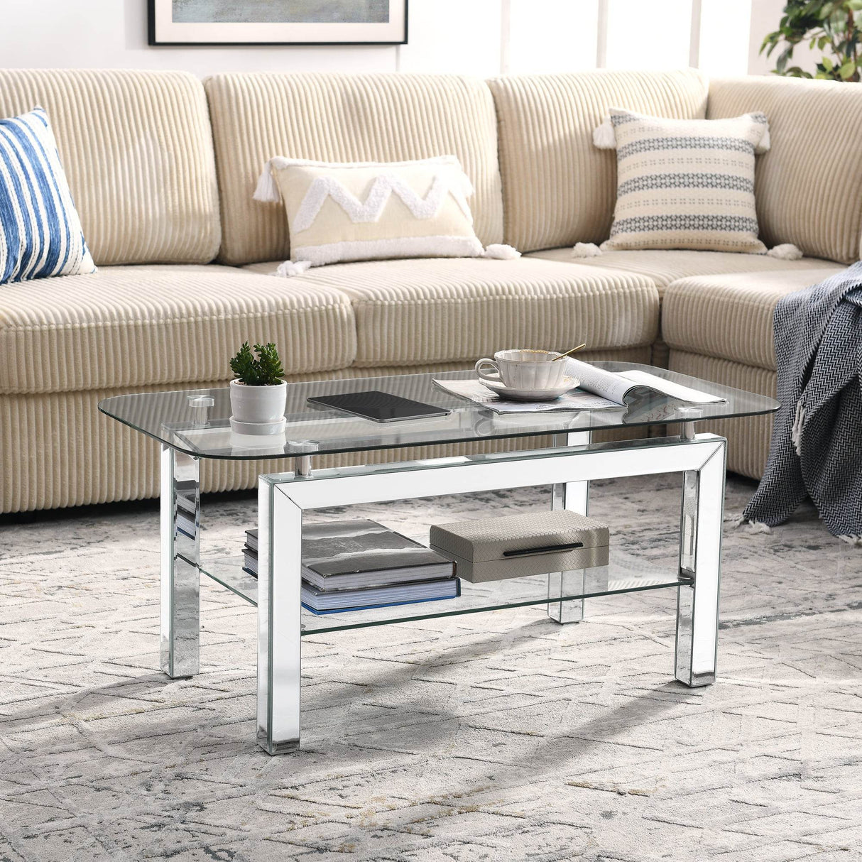 Rectangular Tempered Glass Coffee Table With Mirrored Stainless Legs - Sleep Galleria